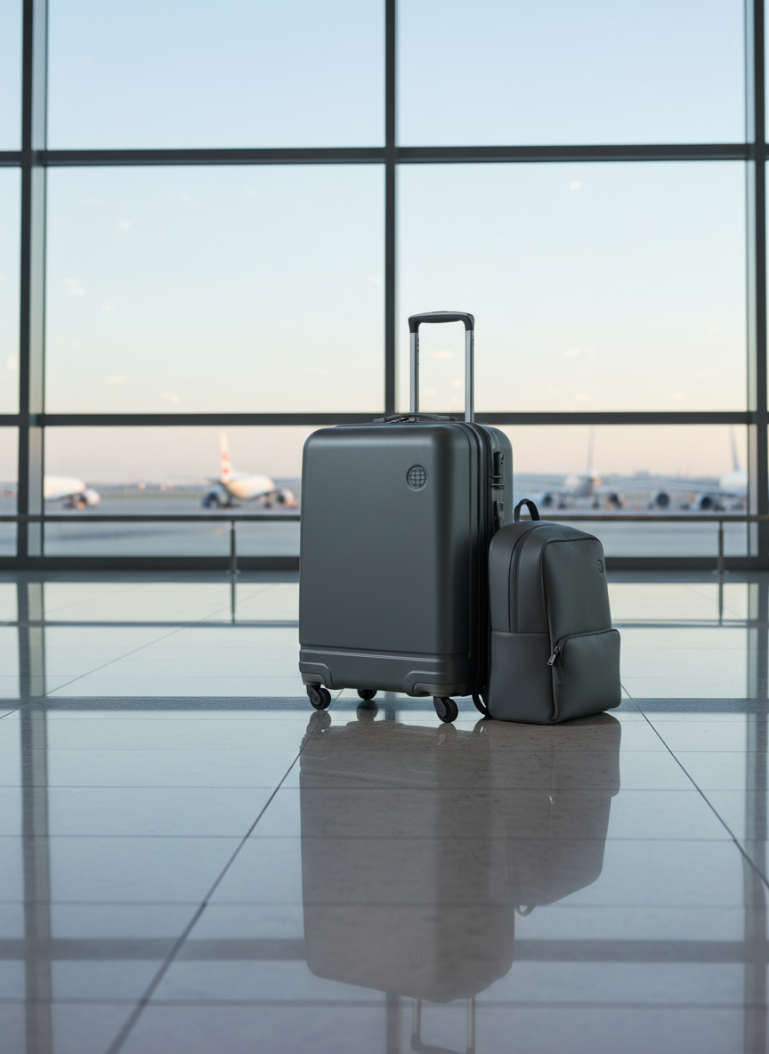 A modern hard-shell carry-on suitcase in matte graphite gray standing upright on a polished airport floor, with a matching minimalist backpack leaning against it. The suitcase handle is fully extended, and a neatly attached luggage tag displays a subtle globe icon. Reflections of the bags stretch on the glossy tiles. In the background, large floor-to-ceiling windows reveal an out-of-focus runway and airplane tails under a pale dawn sky. Cool, diffused early-morning light fills the terminal, creating a calm, anticipatory mood. Photographic realism, captured from a low-angle perspective with the luggage in sharp focus and the terminal softly blurred, emphasizing professional, efficient travel and the moment just before departure in a clean, modern composition.