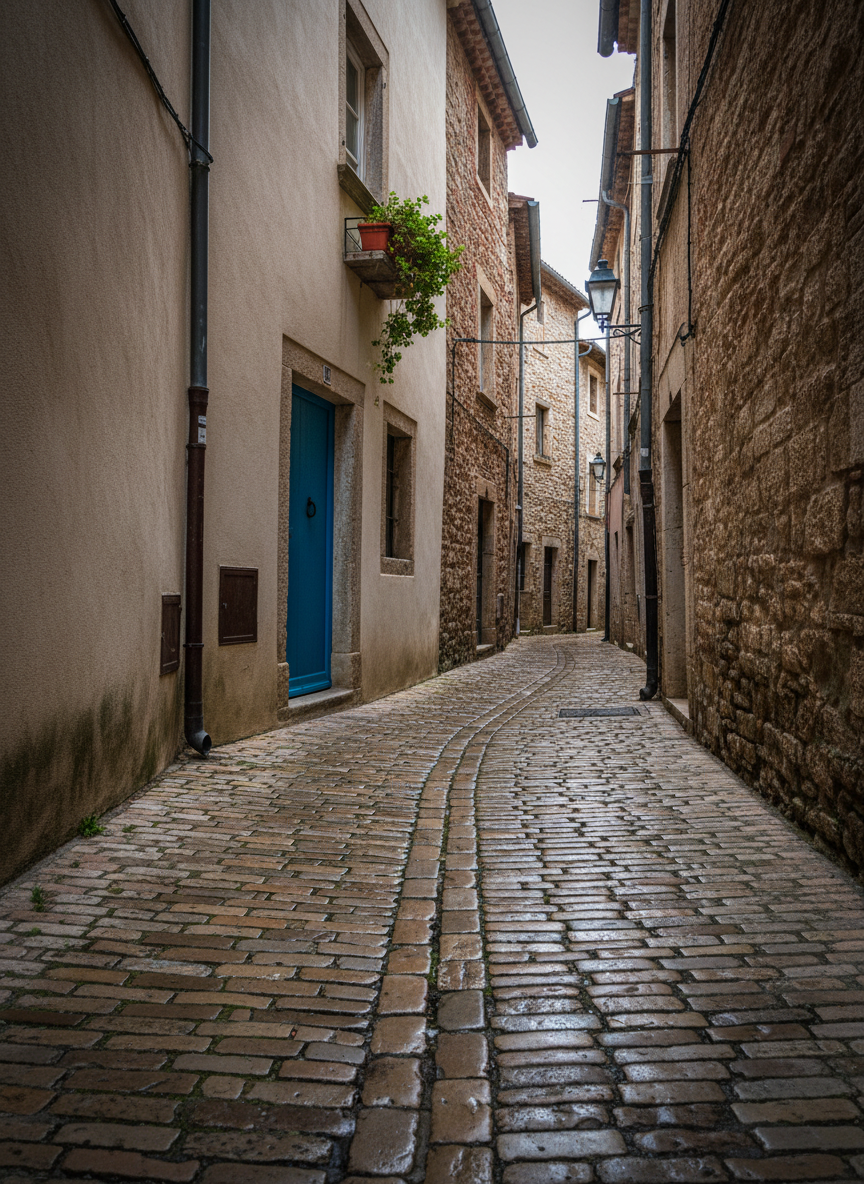 A narrow cobblestone alleyway in an old European town, captured with photographic realism from a low, centered angle. Smooth, slightly worn stones glisten faintly, as if after a light rain, guiding the eye into the distance where the passage gently curves out of sight. Tall stone buildings on either side are textured with age, their muted earth tones punctuated by a single bright blue painted door and a small potted plant on a window ledge. Soft overcast daylight creates even, diffused illumination with gentle, elongated shadows. The mood is quietly adventurous and introspective, inviting exploration. The composition uses strong leading lines and deep focus to emphasize the path ahead, ideal for a professional travel journal reflecting on hidden corners of a city.