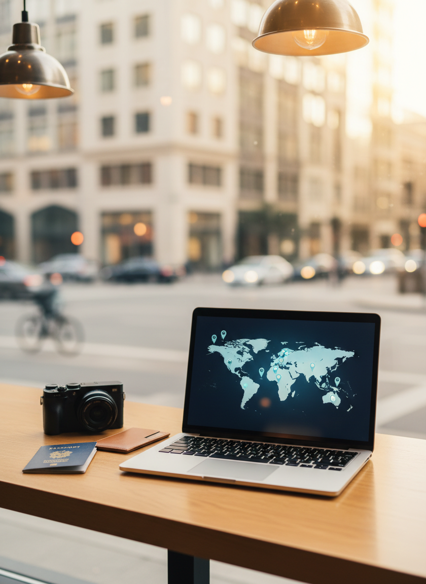 A sleek silver laptop displaying a detailed digital map of the world with multiple pinned destinations, positioned on a tidy, light-wood café table beside a compact mirrorless camera, a closed navy-blue passport, and a slim leather card wallet. The table sits near a large window overlooking a blurred city street, where distant buildings and faint motion suggest constant movement. Late-afternoon natural light filters in, mixing with warm indoor pendant lighting, casting soft reflections on the laptop casing and table surface. Shot at eye level with moderate depth of field, the composition follows the rule of thirds, creating a balanced, professional photographic image that captures the planning phase of a travel blogger’s journey, organized, focused, and ready for the next trip.