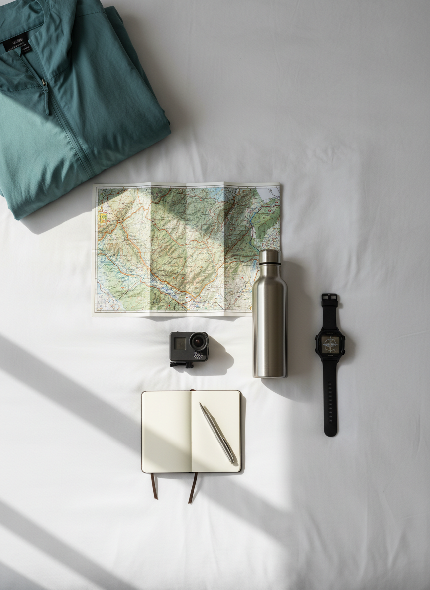 A detailed overhead view of an organized flat lay on a crisp white hotel bedsheet: a folded topographic hiking map, a compact black action camera, a slim stainless-steel water bottle, a GPS-enabled smartwatch, and a small notebook with a metal pen aligned neatly alongside. A folded windbreaker in muted teal fabric sits in one corner, its texture slightly crinkled. Soft midday natural light from a nearby window spreads evenly across the scene, casting faint, precise shadows that emphasize each object’s shape. Photographic realism, with sharp focus across the frame and a balanced, grid-like composition, communicates a professional, methodical approach to adventure travel, highlighting preparation and attention to detail in a serene, clutter-free environment.