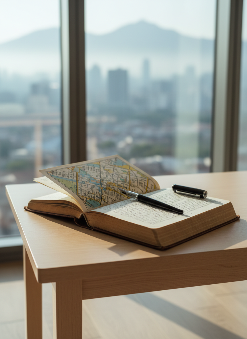 A well-worn leather travel journal lying open on a small wooden desk in a minimalist hotel room, its cream pages filled with neat lines of tiny handwriting and a folded city map tucked halfway through. A slim black fountain pen rests diagonally across the center crease. Outside a large floor-to-ceiling window, a distant skyline and soft, out-of-focus mountain silhouettes suggest the start of a new journey. Early morning natural light pours in from the left, creating crisp shadows of the pen and journal edges. Photographic realism, shot from a slightly elevated angle with shallow depth of field, conveys a professional yet reflective travel-writing atmosphere, clean and composed, inviting readers into the narrative of the trip.